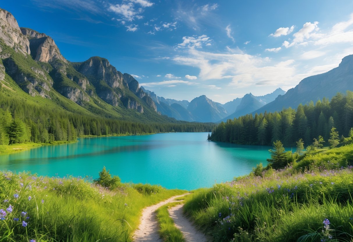 A clear turquoise lake surrounded by green forests and mountains with a winding trail through wildflowers in the foreground.
