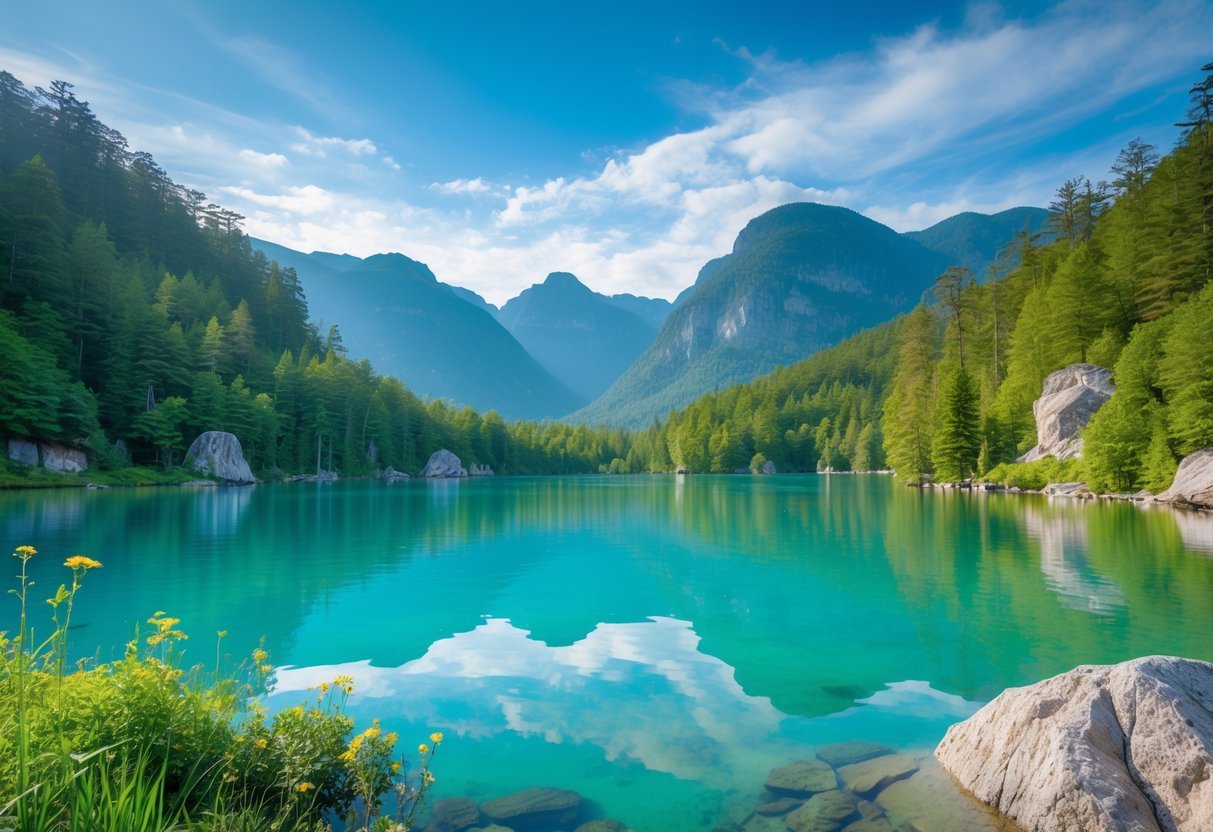 A peaceful turquoise lake surrounded by green forests and mountains under a blue sky, with wildflowers and rocks in the foreground.
