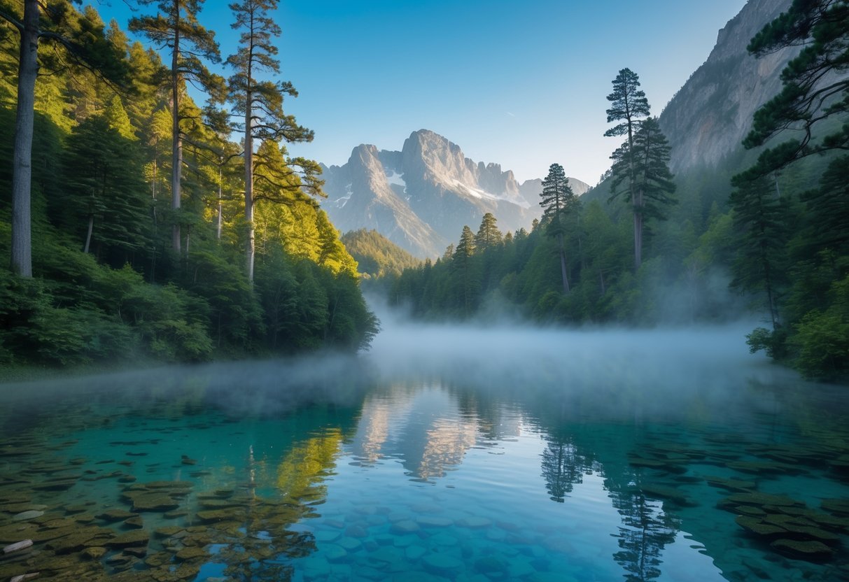 A quiet mountain lake surrounded by dense forest and snow-capped peaks under a clear sky.