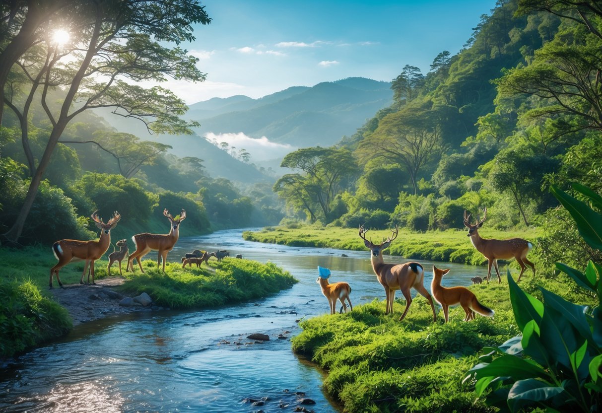 A peaceful forest scene with wild animals near a clear river and distant mountains under a blue sky.