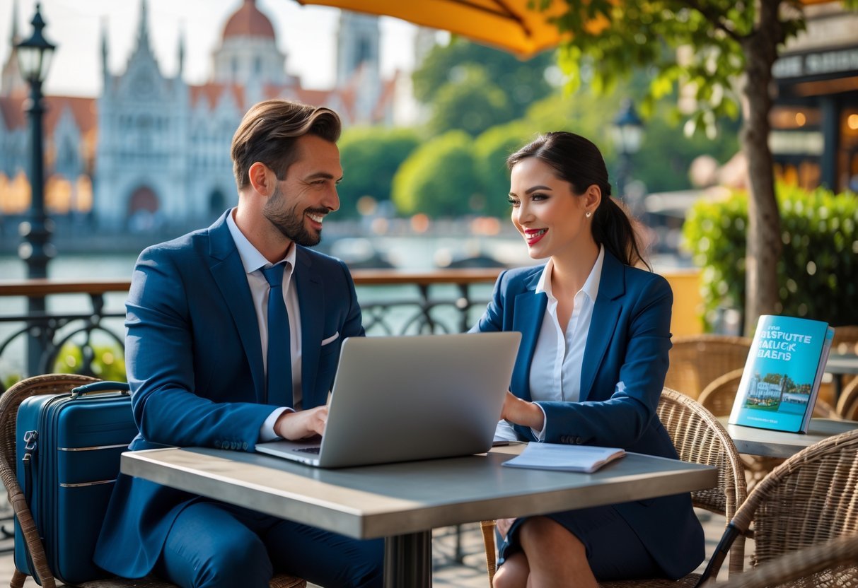 Two business travelers working on laptops at an outdoor café table with a suitcase and travel items nearby, set against a cityscape background.