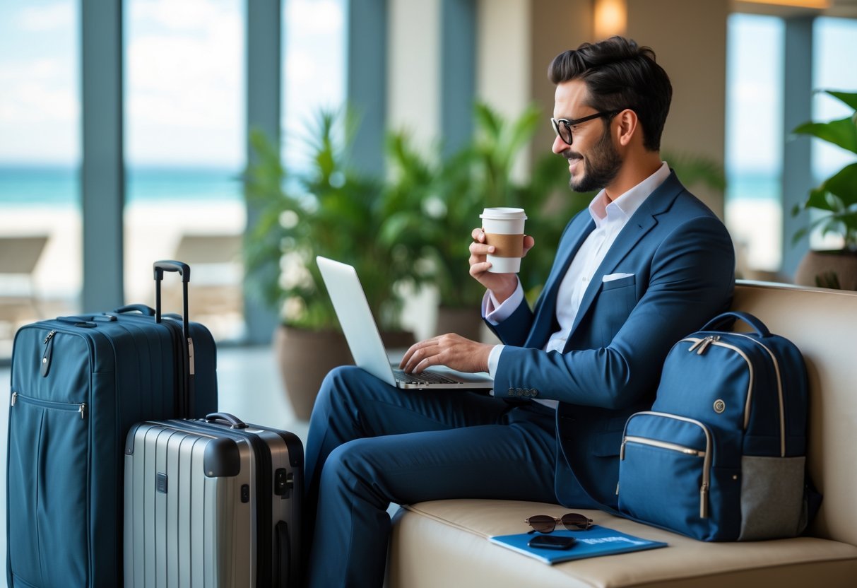 A business traveler working on a laptop while sitting in a comfortable airport lounge with a suitcase and travel accessories nearby.