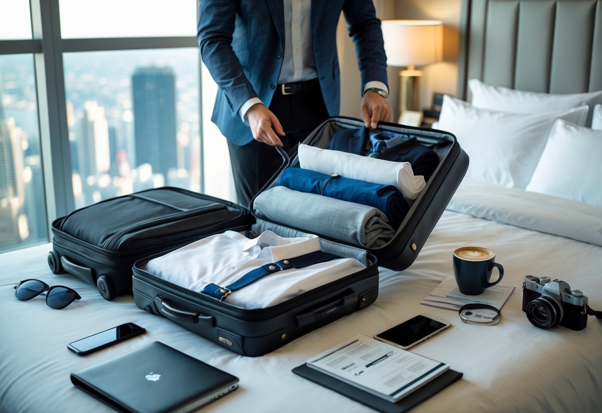 A person packing a suitcase in a hotel room with a mix of business clothes and leisure items, next to a window overlooking a city.