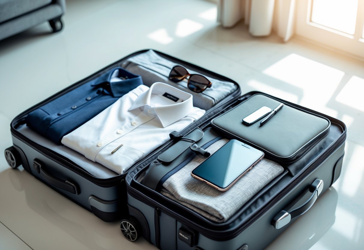 Open suitcase on a table containing business clothes, casual shoes, laptop, sunglasses, and travel essentials in a bright room.