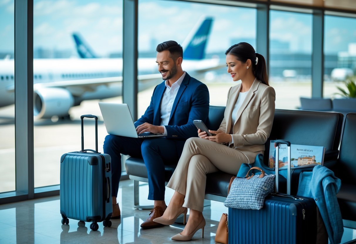Two business travelers working on laptops in a lounge with travel bags and a view of an airplane outside.