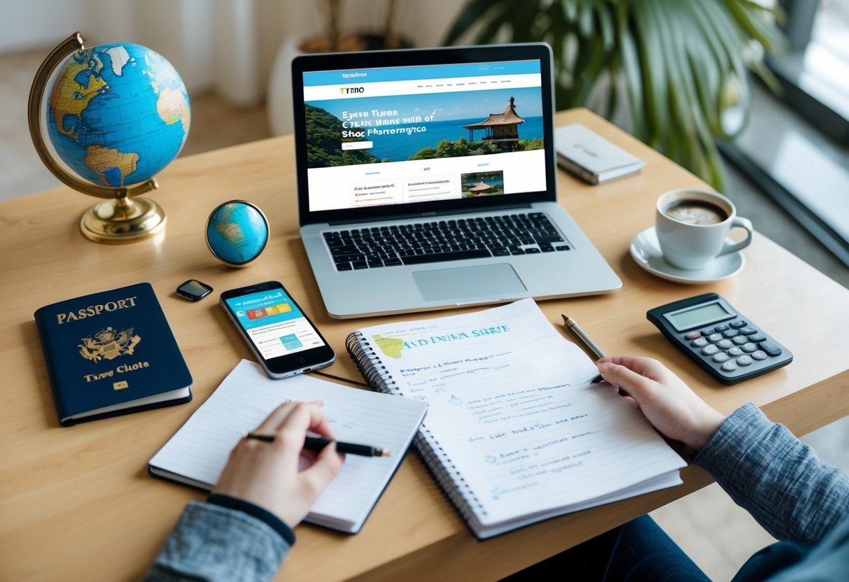 A workspace with a laptop, smartphone, notebook, globe, passport, coffee cup, and calculator arranged on a desk near a window.