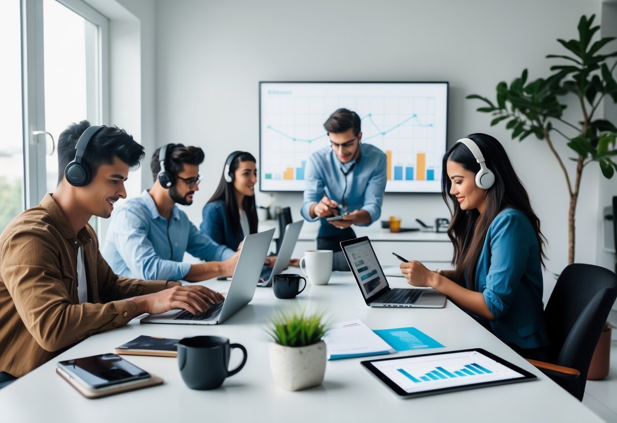 A group of young professionals working on laptops and smartphones in a bright home office.