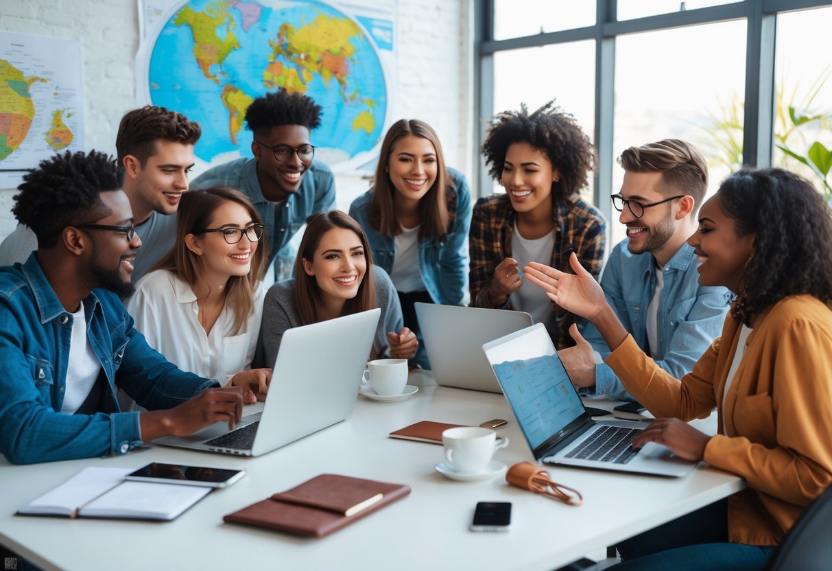 A group of young adults working together around a desk with laptops and travel items in the background.