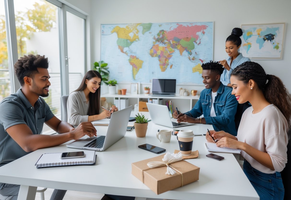 A group of young adults working in a bright home office, using laptops, writing notes, and packing products, surrounded by travel items.