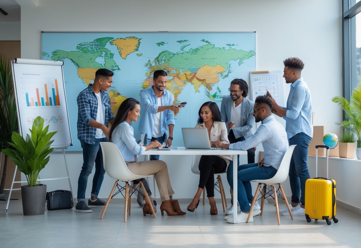 A group of young adults working together in a bright office, using laptops, whiteboards, and smartphones with travel items like a globe and suitcase nearby.