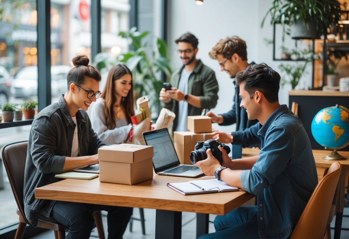 A group of young adults working on different side hustles indoors, including using a laptop, packing crafts, taking photos, and planning with a notebook near travel items.