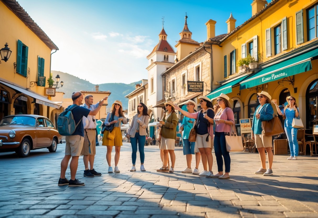 Travelers exploring a picturesque town square with landmarks inspired by popular movie and TV filming locations, taking photos and enjoying the surroundings.