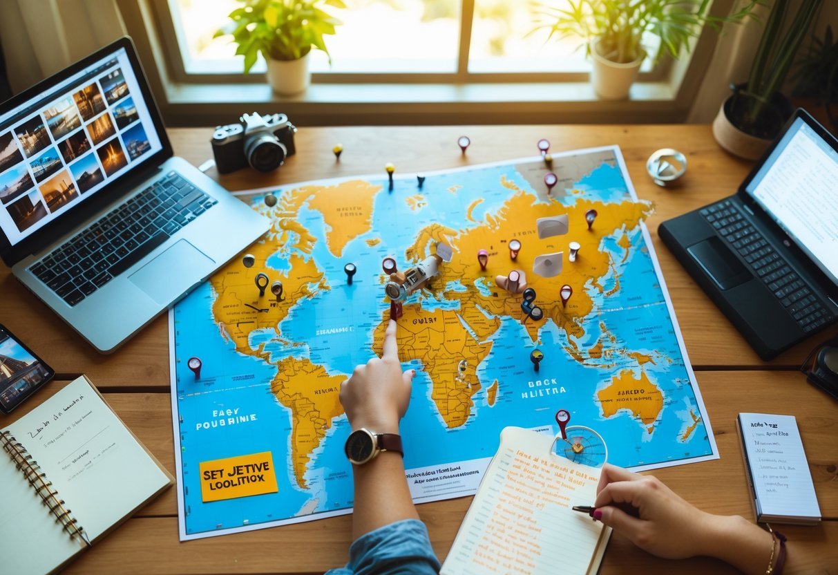 A person planning a trip using a world map with pins, a laptop showing movie locations, and travel notes on a table.