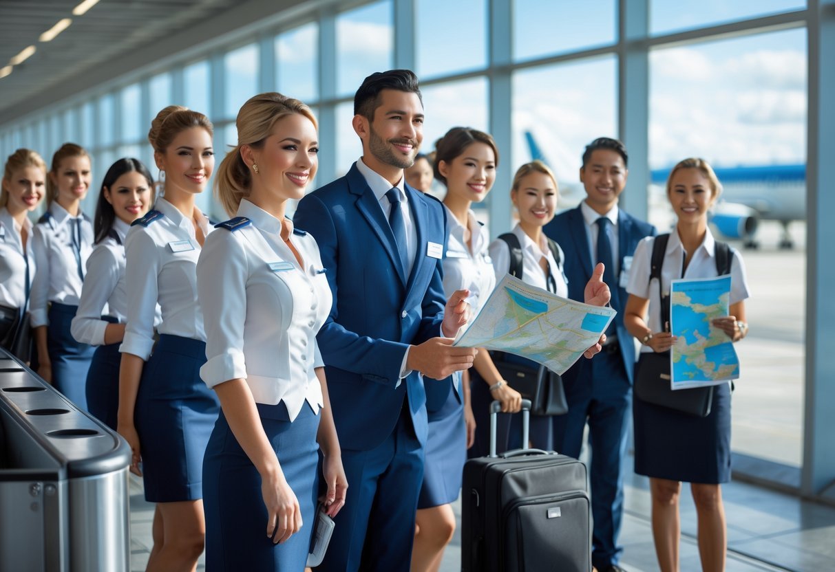 Flight attendants and tour guides interacting with travelers in a busy airport terminal near an airplane boarding gate.
