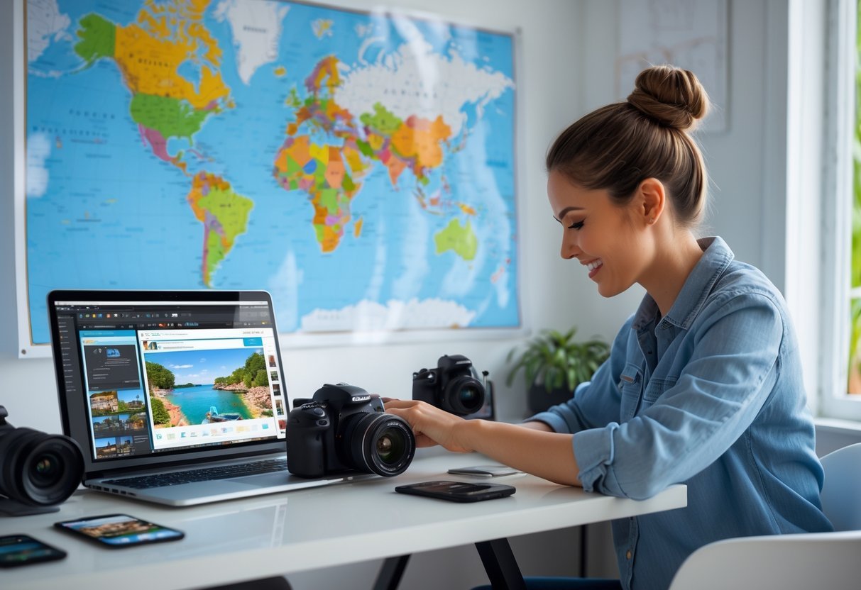 Person working at a desk with a laptop, camera, and smartphone surrounded by travel-related items and a world map on the wall.