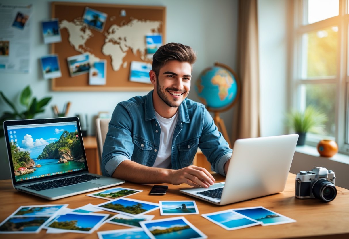 A person sitting at a desk with a laptop and travel photos, smiling while working in a bright room decorated with travel items.