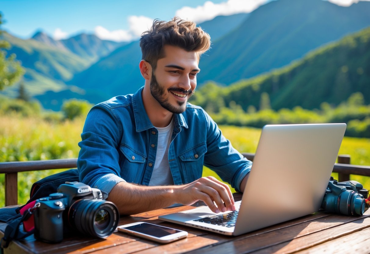 A person working on a laptop outdoors with a camera and smartphone nearby, surrounded by a scenic mountain landscape.
