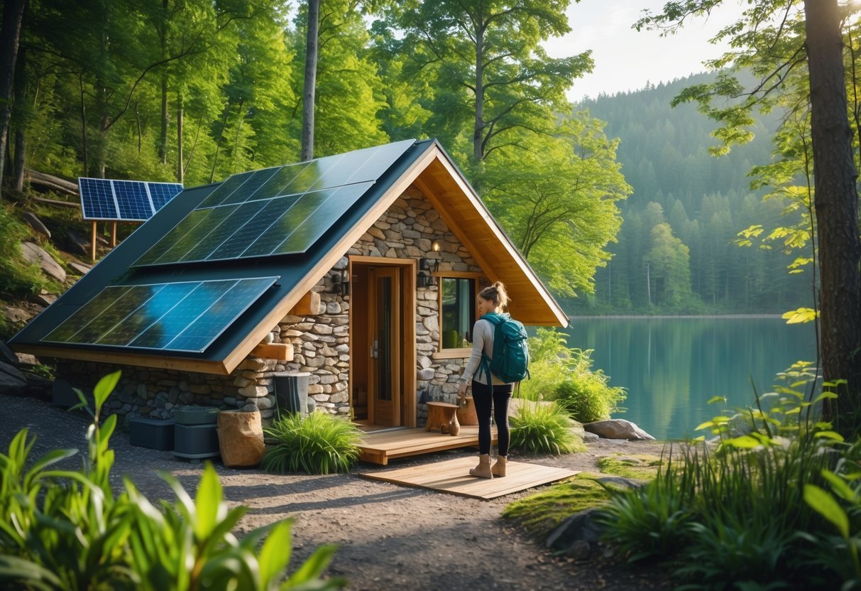 A small eco-friendly cabin surrounded by trees and greenery with solar panels on the roof and a traveler standing nearby.
