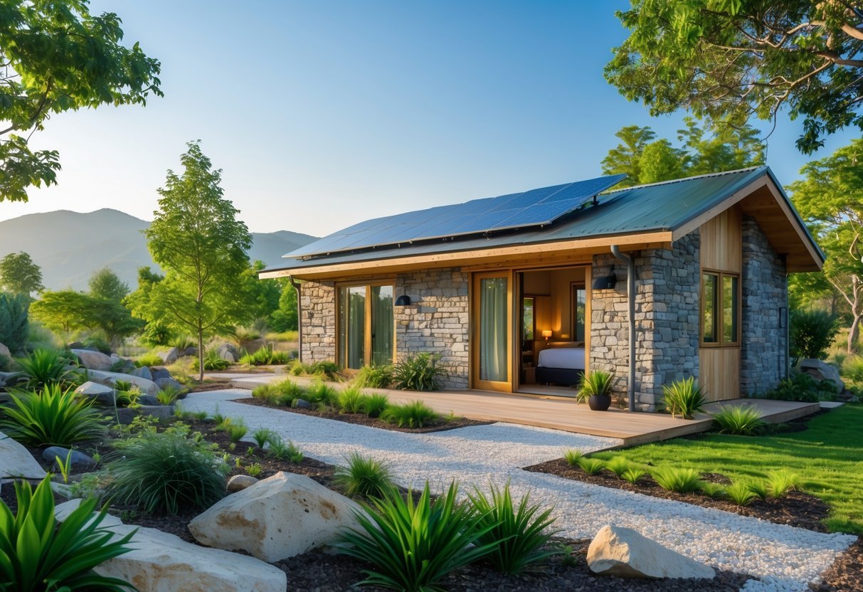 A sustainable wooden cabin surrounded by green trees and plants with solar panels on the roof under a clear blue sky.