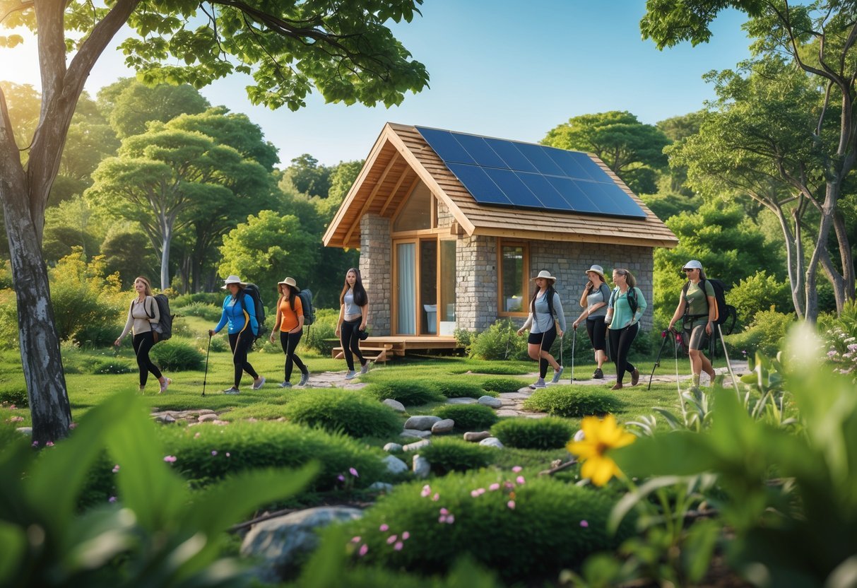 A small eco-friendly cabin in a green forest with travelers hiking and enjoying nature responsibly.
