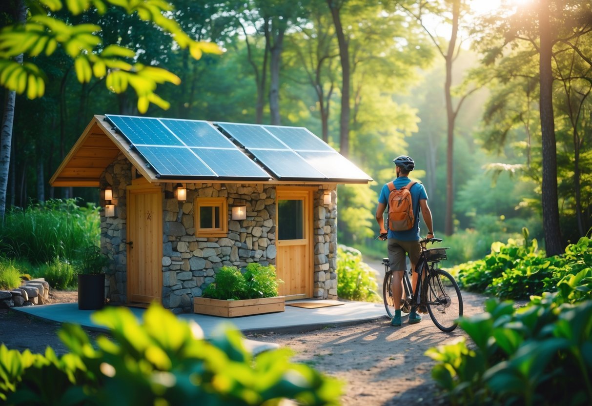 A traveler locking a bicycle near a small eco-friendly cabin surrounded by green trees and a vegetable garden.