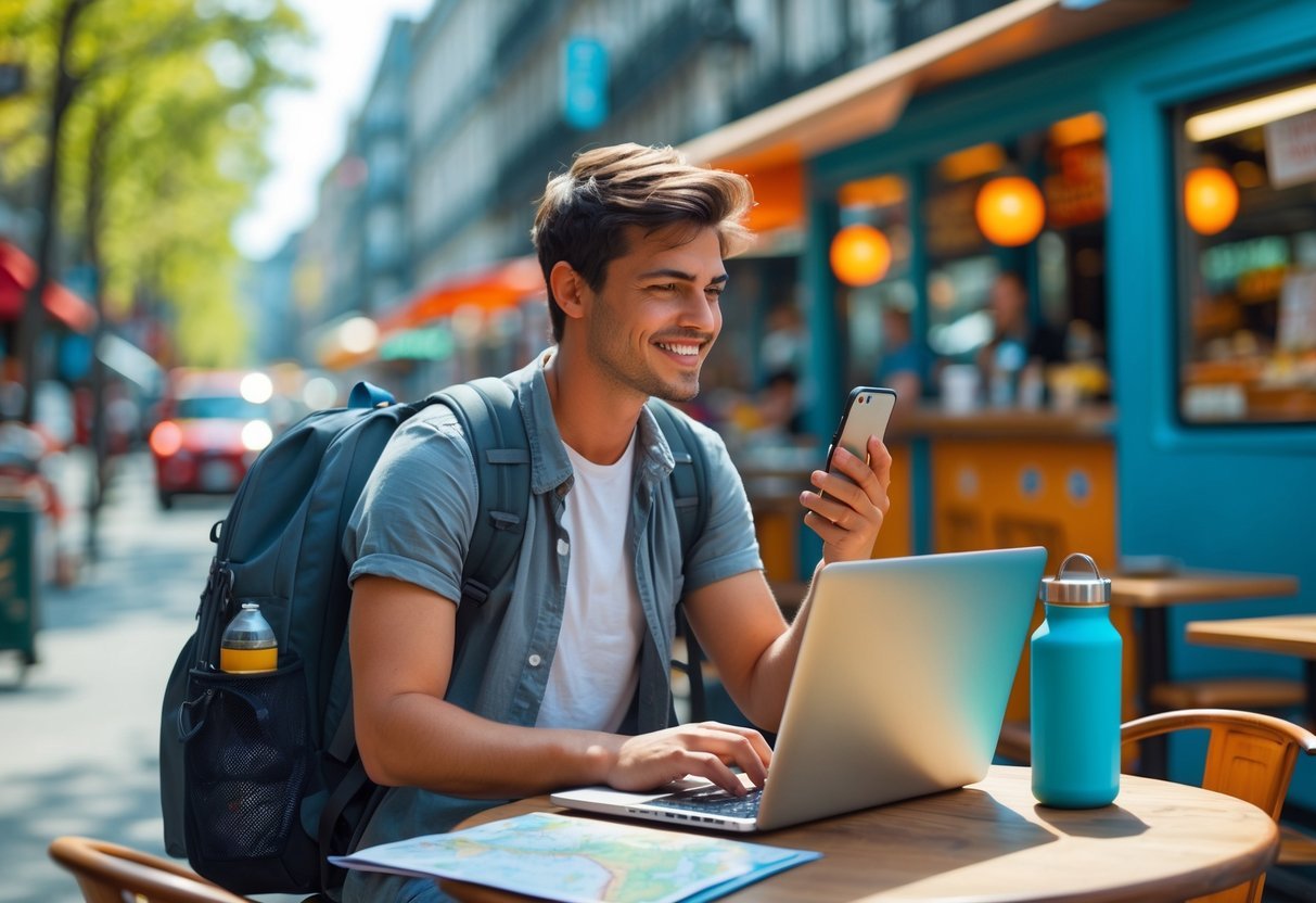 Young traveler using a laptop and smartphone at an outdoor cafe with travel gear and a city background.