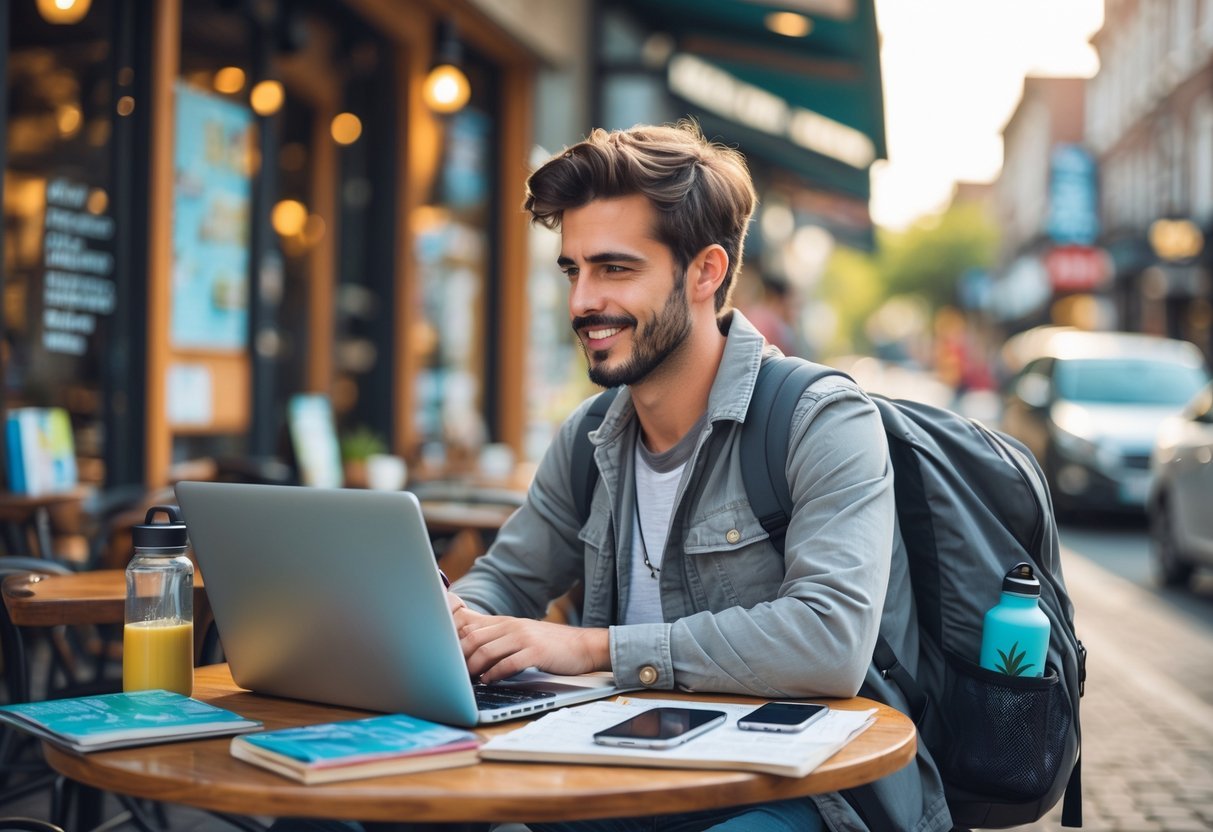 A young traveler sitting at an outdoor cafe table with a laptop, notebook, and map, planning a budget-friendly trip.