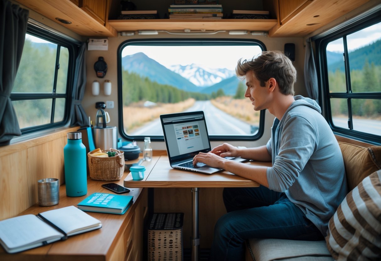 A person working on a laptop inside a camper van with a scenic outdoor view, surrounded by travel and budget-friendly items.