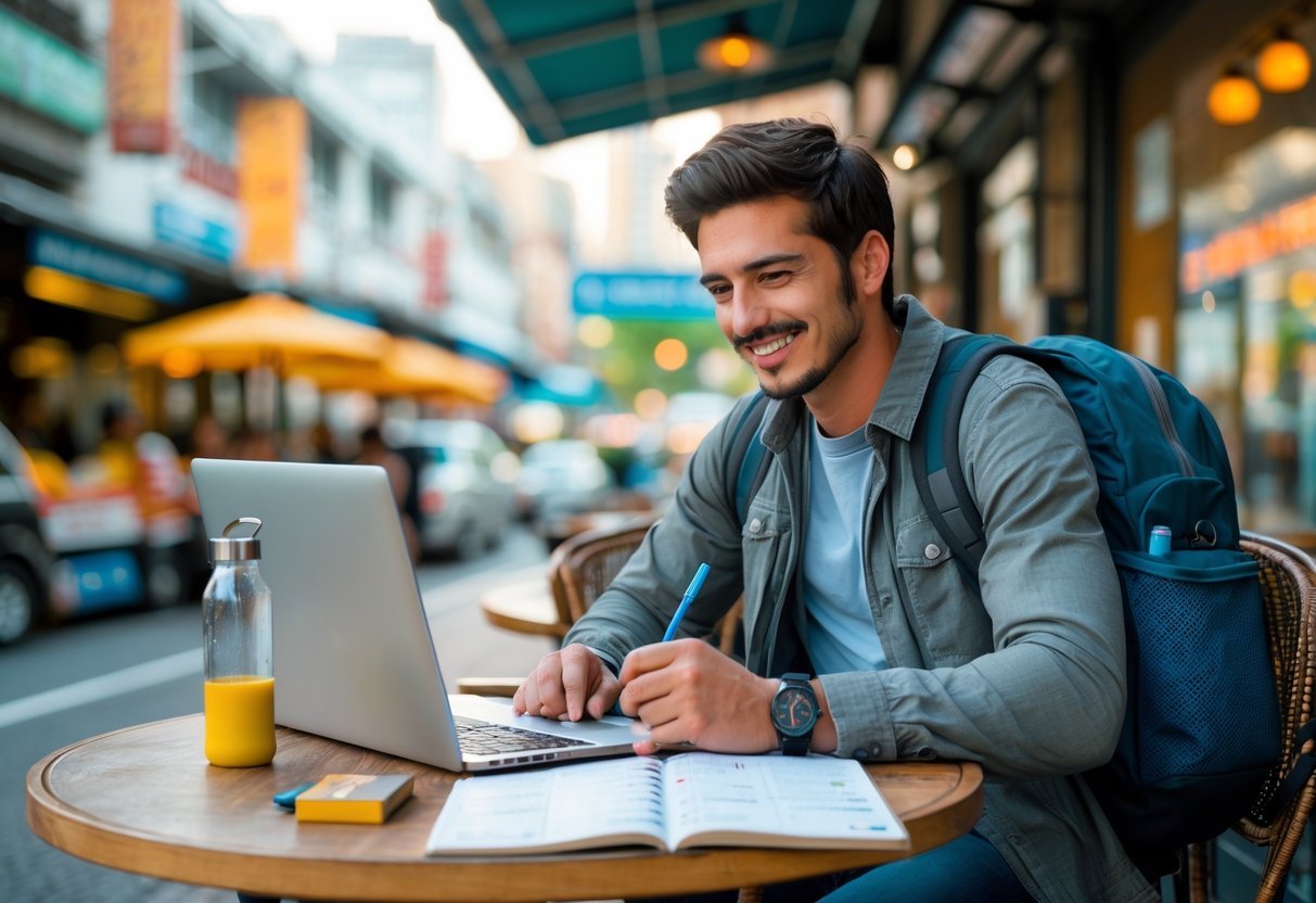 A young traveler sitting at an outdoor café table with a laptop and travel items, writing in a notebook with a city street and food stalls in the background.