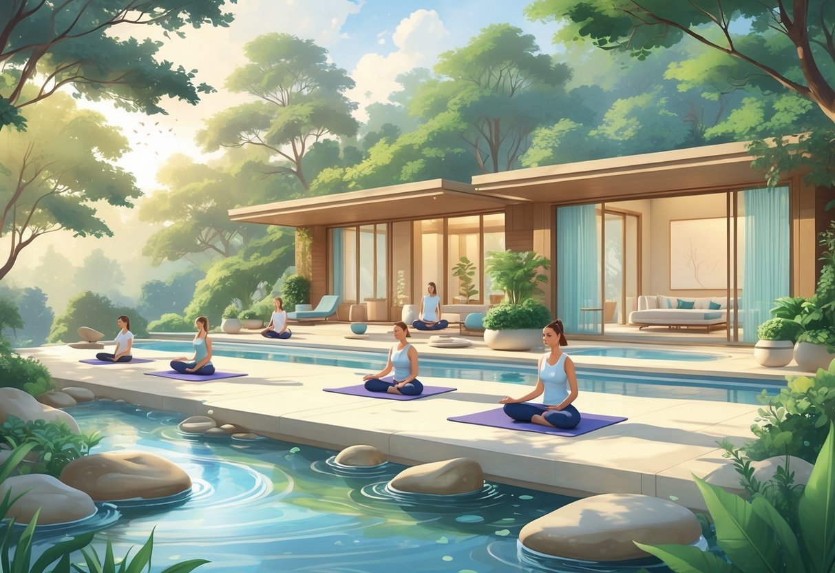 A peaceful wellness retreat with people practicing yoga and meditation outdoors near a spa surrounded by trees and natural elements.