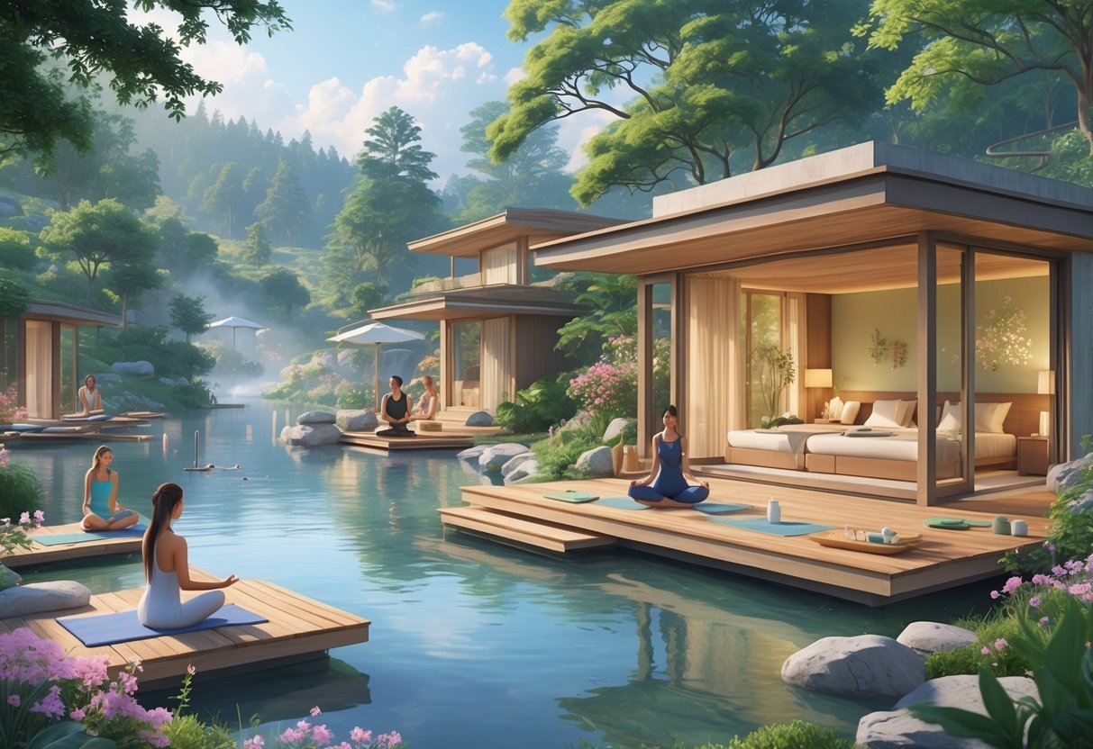 A peaceful wellness retreat with spa pools, people meditating and doing yoga outdoors, surrounded by greenery, cabins, and walking paths in a natural setting.
