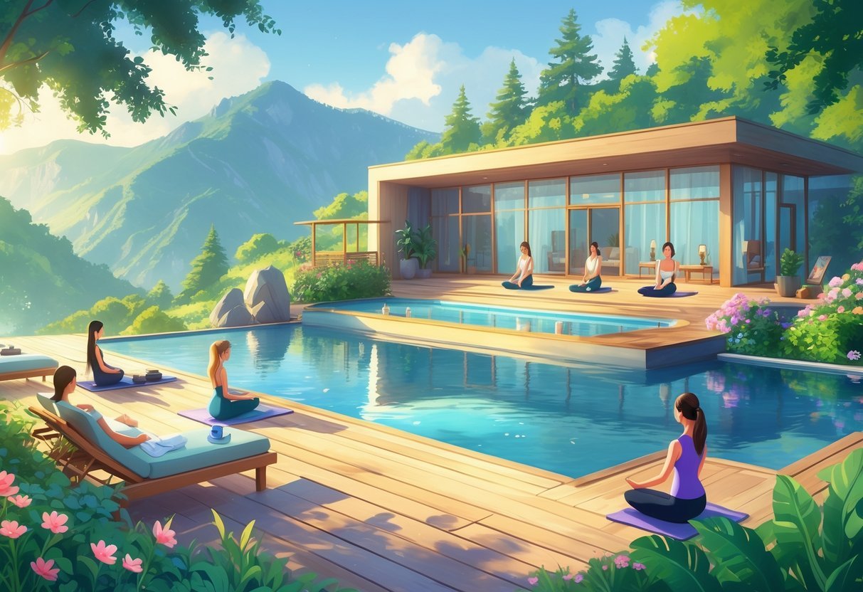 A peaceful wellness retreat with a spa, people meditating and doing yoga outdoors surrounded by nature and mountains.