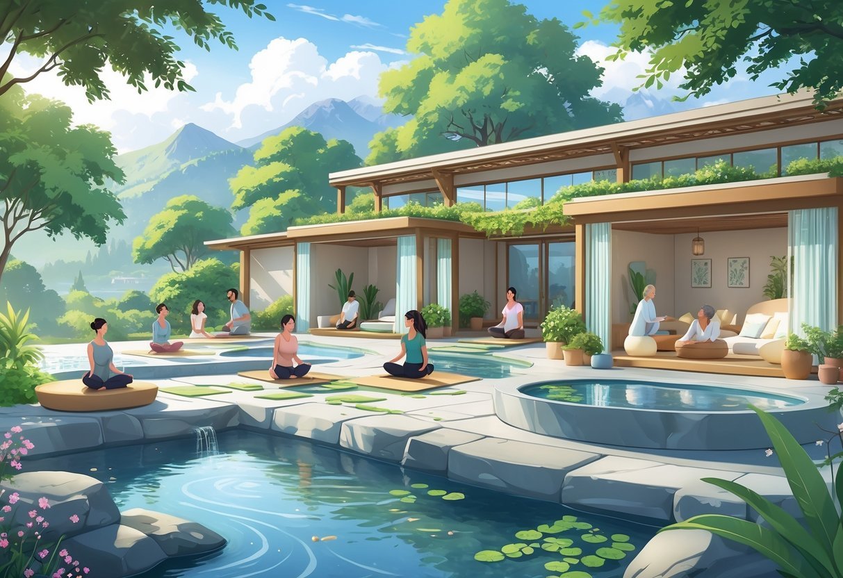 A peaceful wellness retreat with people practicing yoga, meditating, and having a counseling session outdoors surrounded by nature and mountains.