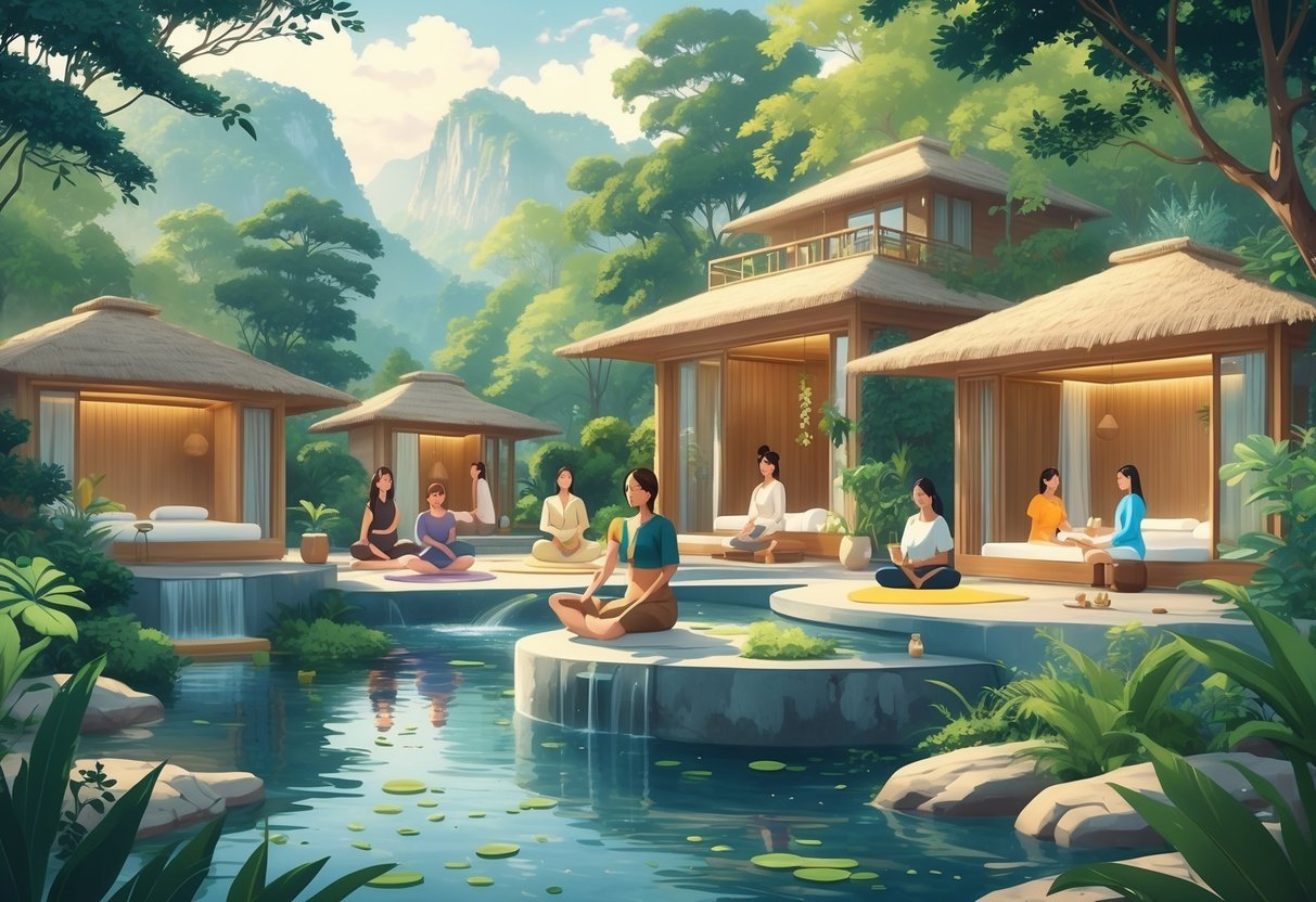 A peaceful wellness retreat with people practicing yoga, receiving spa treatments, and meditating outdoors surrounded by nature and calming water features.