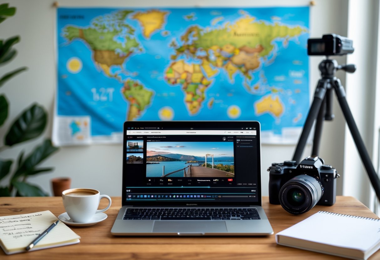 A workspace with a laptop, notebook, smartphone, coffee cup, world map on the wall, and a camera on a tripod.