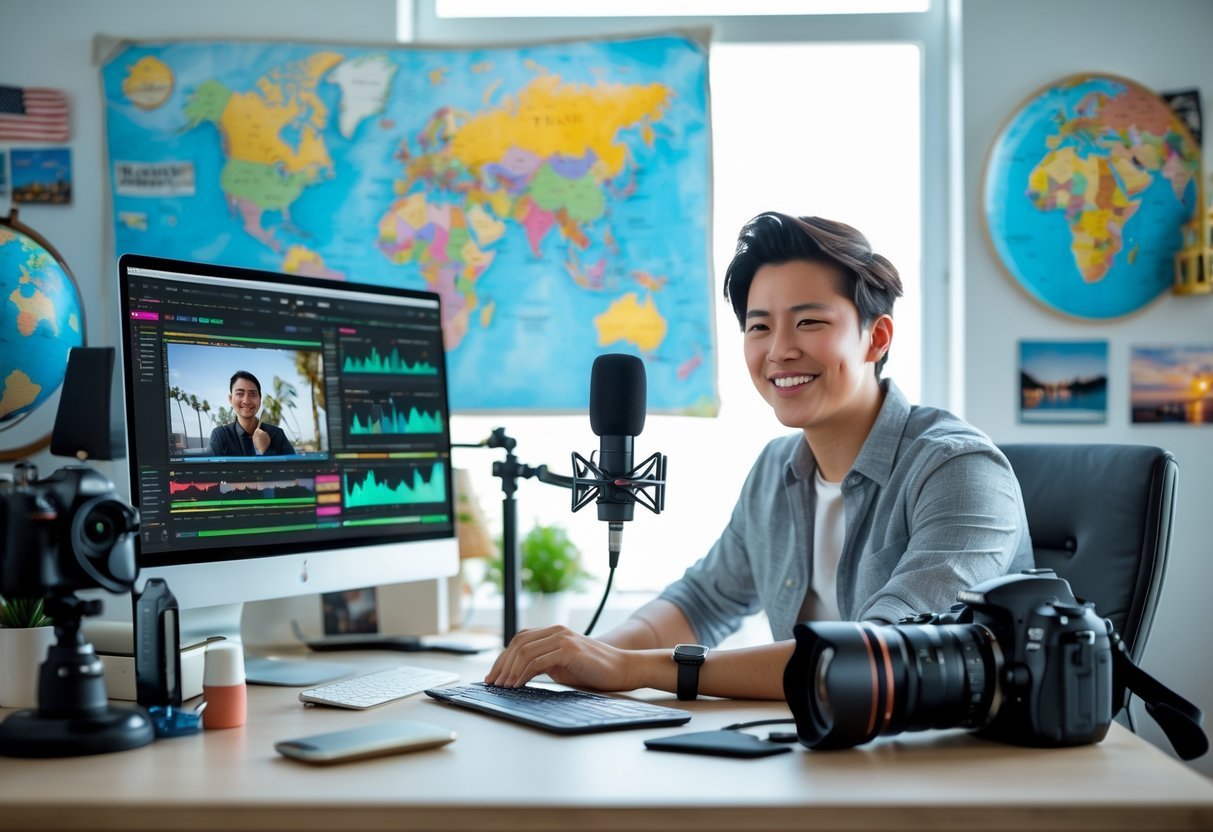 A person sitting at a desk with a computer, camera, and travel-themed decorations, preparing to create videos for a travel channel.