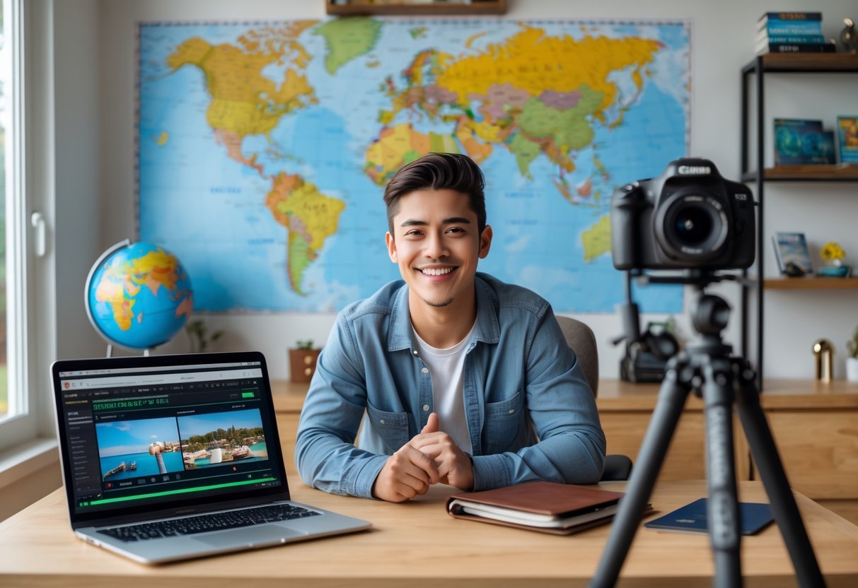 A person sitting at a desk with a laptop, camera, and travel items, preparing to start a travel YouTube channel.