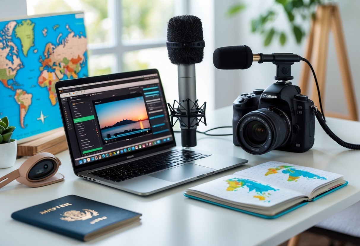 A workspace with a laptop, microphone, DSLR camera, smartphone, world map, passport, and notebook arranged on a desk in a bright home office.
