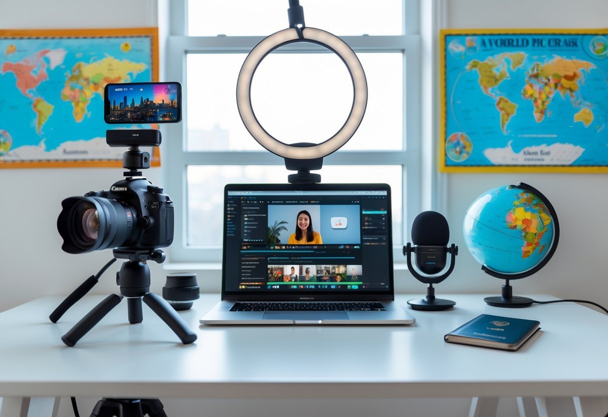 A workspace with a camera, laptop, smartphone, microphone, ring light, and travel items like a map and passport.