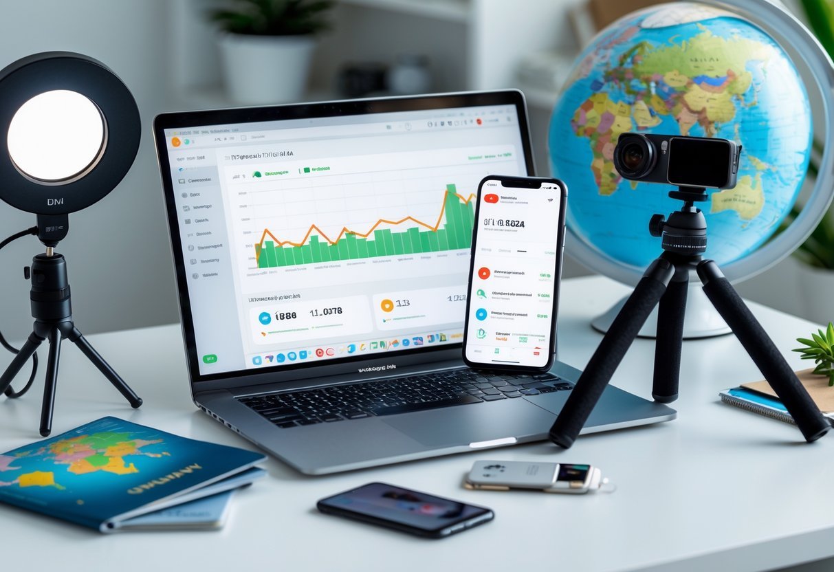 A workspace with a laptop showing growth charts, a smartphone with social media apps, a microphone, camera, and travel items on a desk.