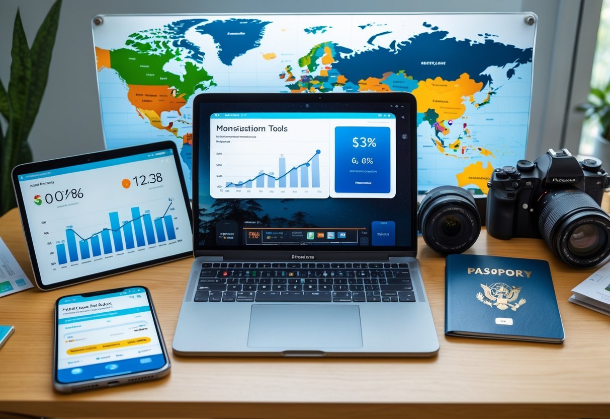 A workspace with a laptop, smartphone, and tablet showing digital tools, surrounded by travel items like a map, passport, and camera.