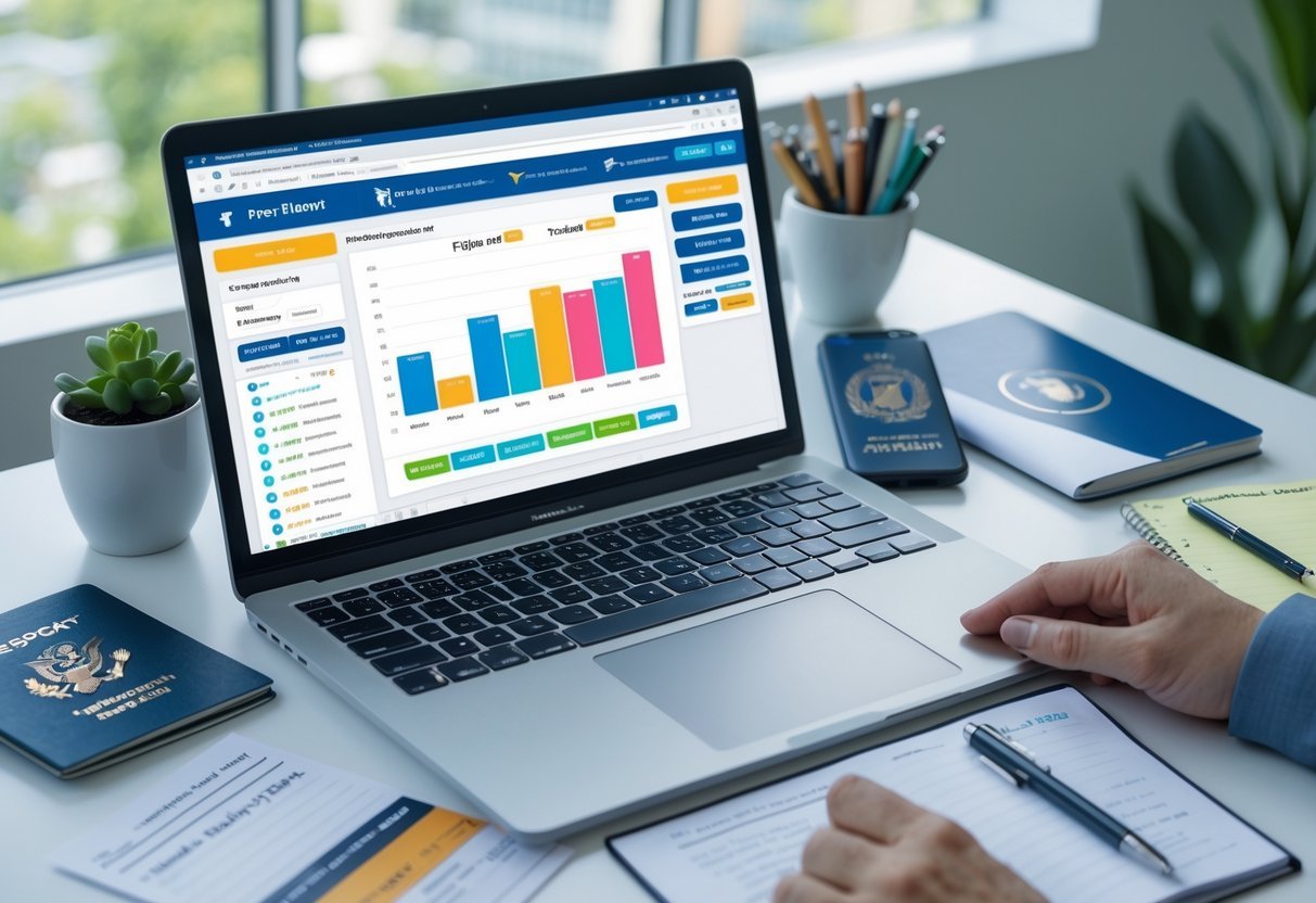 A laptop on a desk showing flight search results surrounded by travel items like a passport, boarding pass, smartphone, coffee cup, and a notepad with handwritten notes.