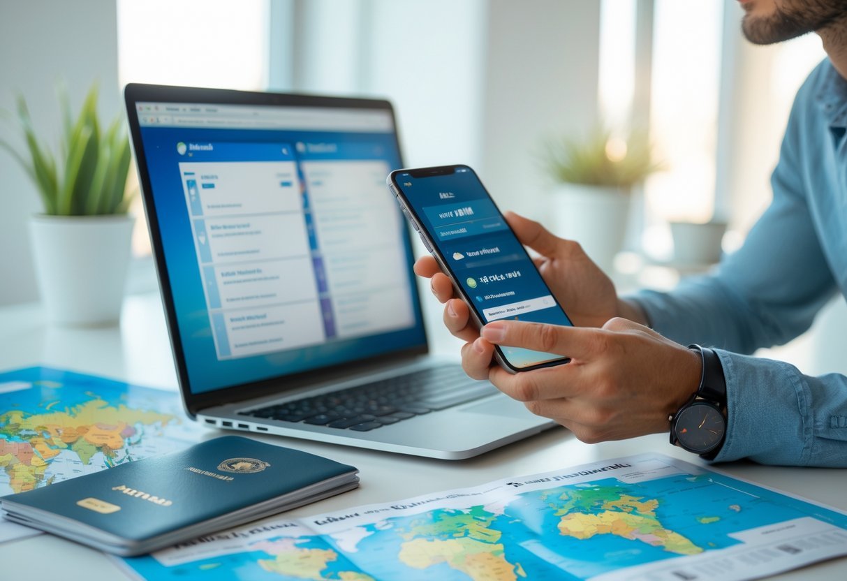 A person using a laptop and smartphone at a desk with travel items like a passport, boarding pass, coffee, and a map, focused on booking flights online.