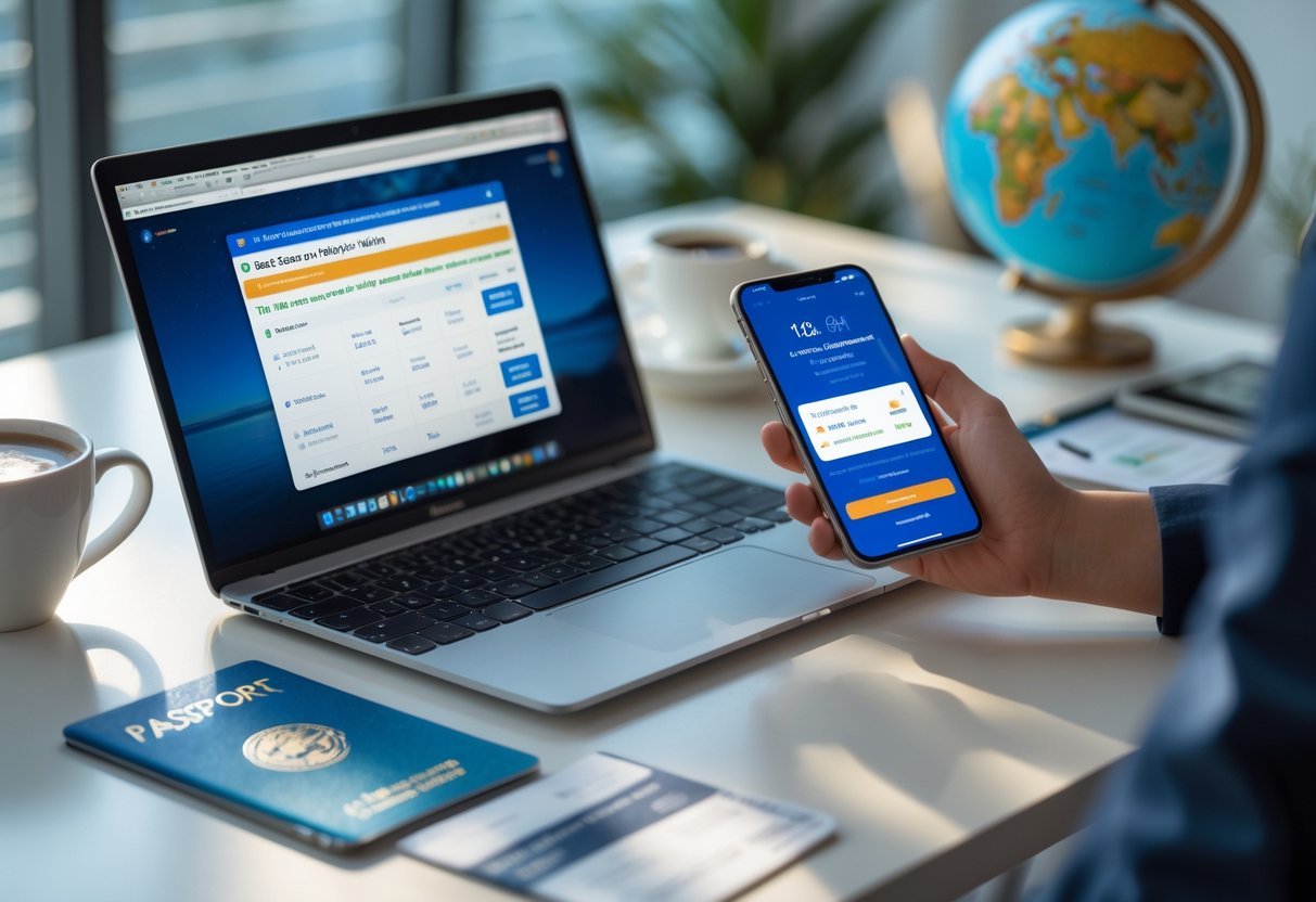 A person using a laptop and smartphone at a desk with travel items, viewing flight booking options and price alerts.