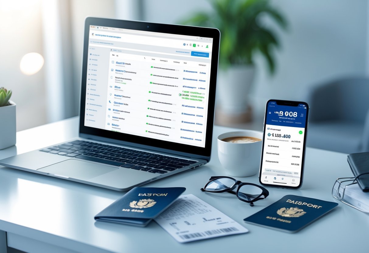 A workspace with a laptop showing flight options, a smartphone with a flight deal notification, a passport, boarding pass, coffee cup, and eyeglasses on the desk.