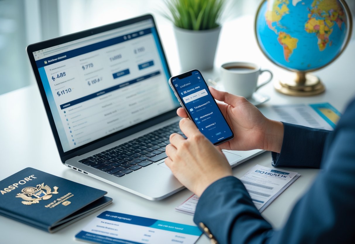 A person using a laptop and smartphone to compare flight prices, with travel items like a passport and globe on a desk.