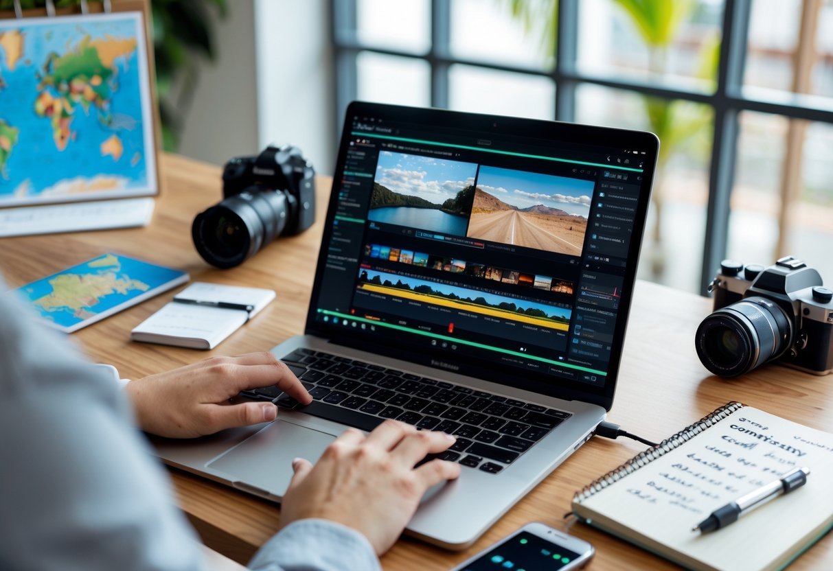 A person typing on a laptop surrounded by travel items like a map, camera, passport, and smartphone on a desk in a bright office.