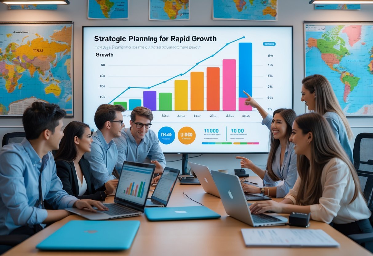 A group of young professionals working together around a table with laptops and charts, planning the growth of a travel YouTube channel.