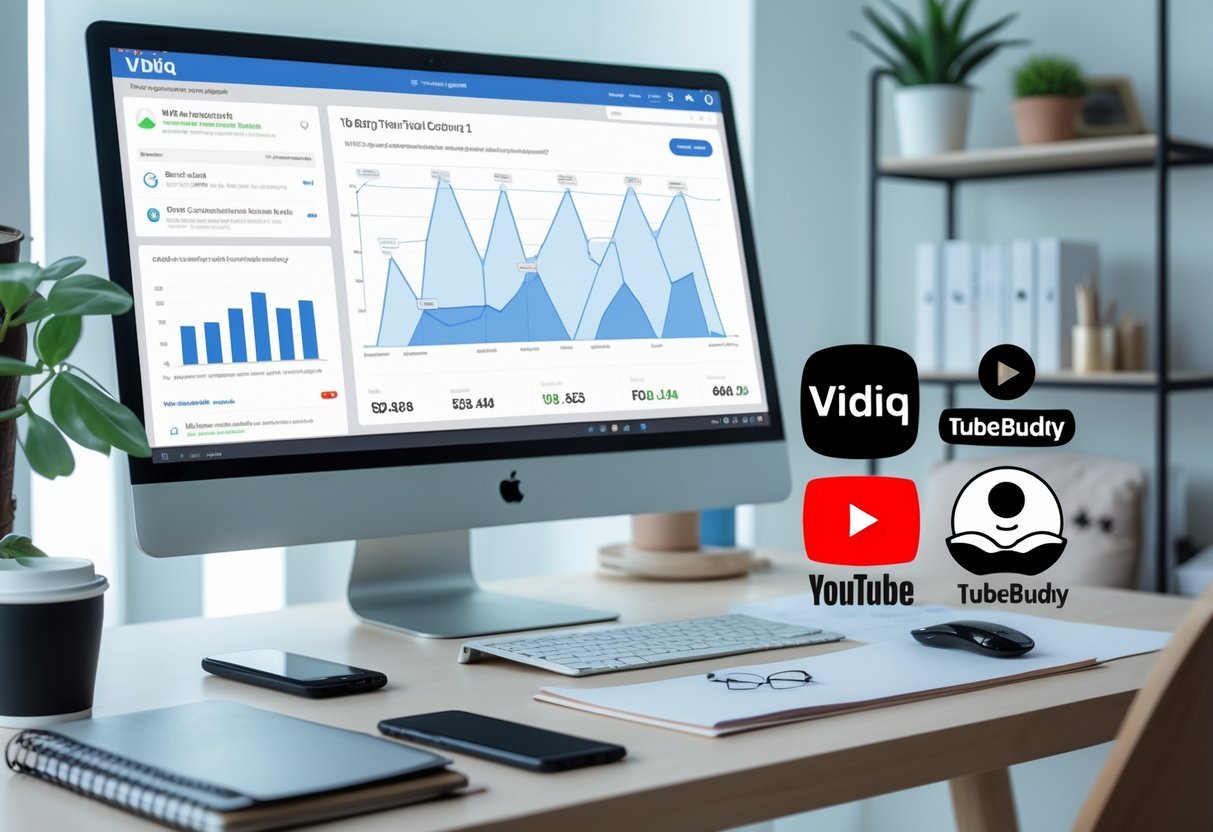 A modern workspace with a computer displaying YouTube analytics, a smartphone, notebook, and coffee cup on a desk in a bright home office.