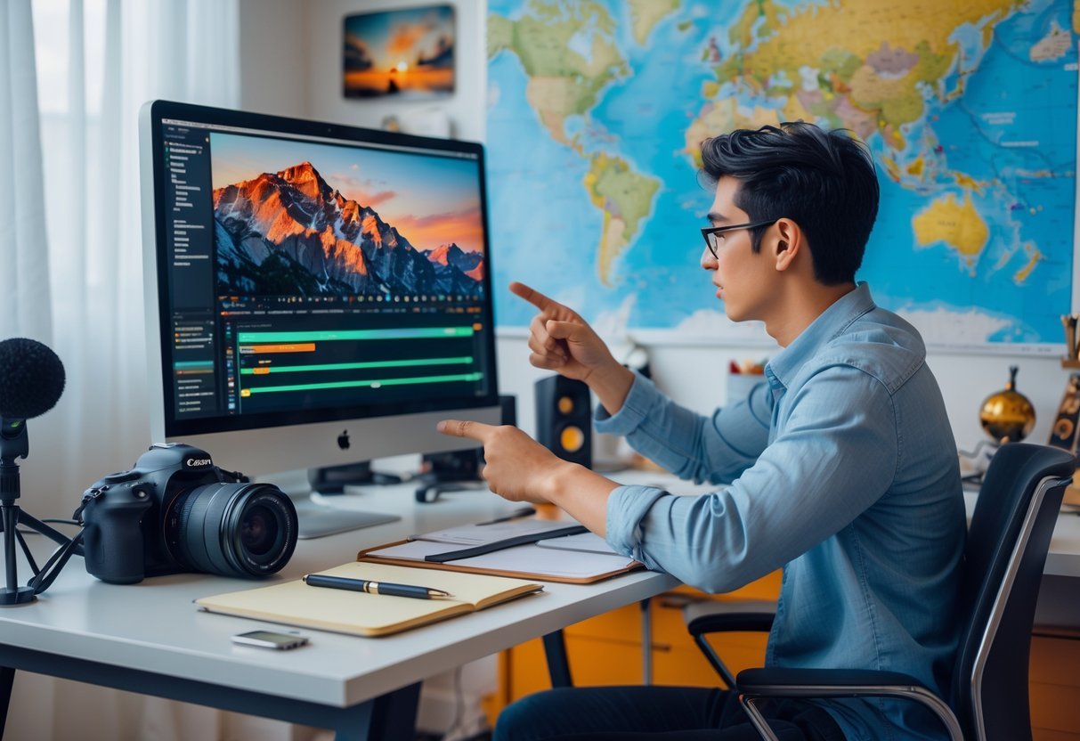 A person working at a desk with video editing software, camera, microphone, and travel-themed decorations in the background.